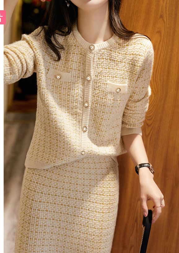 Plaid Button Cardigan & High Rise Midi Pencil Skirt Set