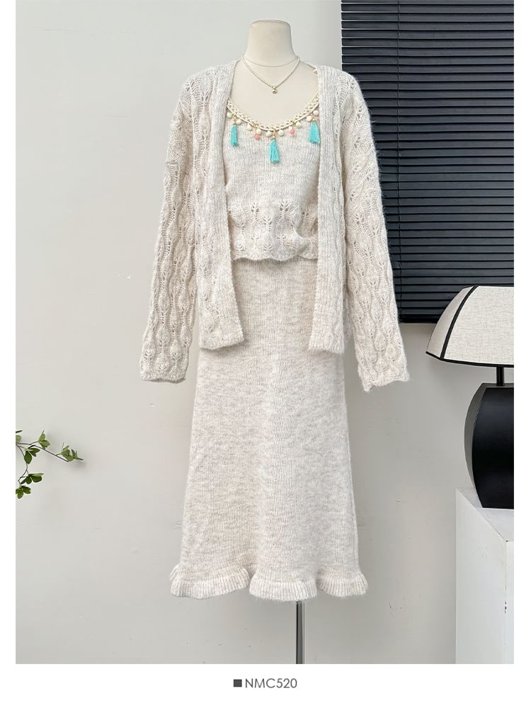 Ethnic Fringed Tank Top + Midi Skirt + Cardigan Set
