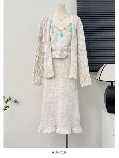 Ethnic Fringed Tank Top + Midi Skirt + Cardigan Set