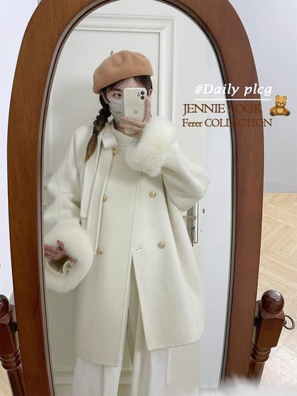 Plain Fluffy Trim Double-Breasted Coat
