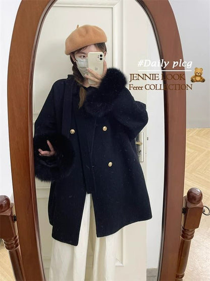 Plain Fluffy Trim Double-Breasted Coat