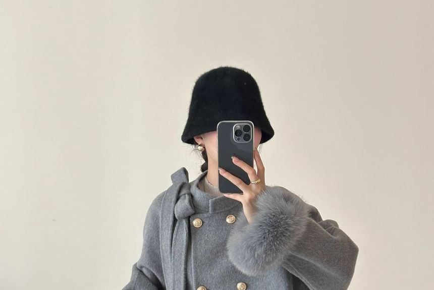 Plain Fluffy Trim Double-Breasted Coat