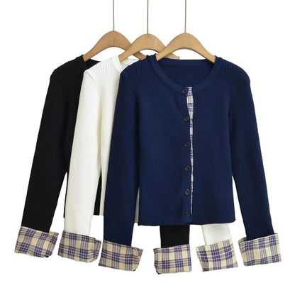 Crewneck Button-Up Plain Crop Cardigan