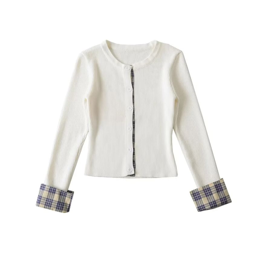 Crewneck Button-Up Plain Crop Cardigan