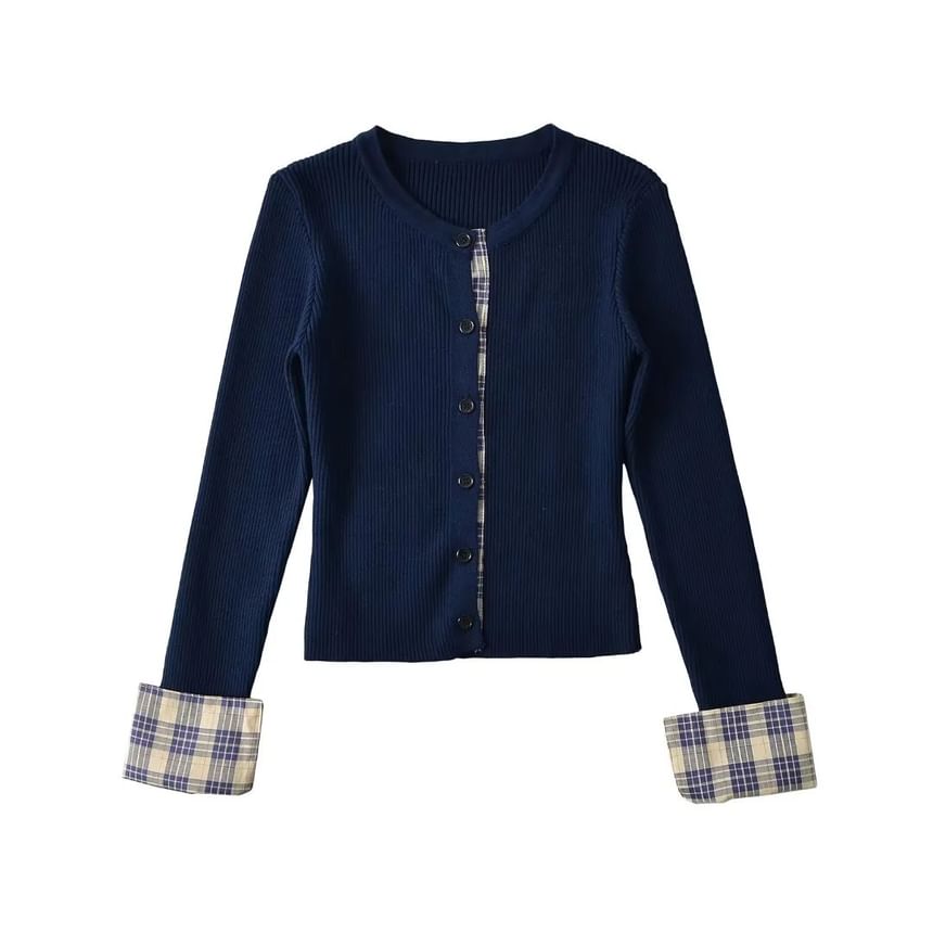 Crewneck Button-Up Plain Crop Cardigan