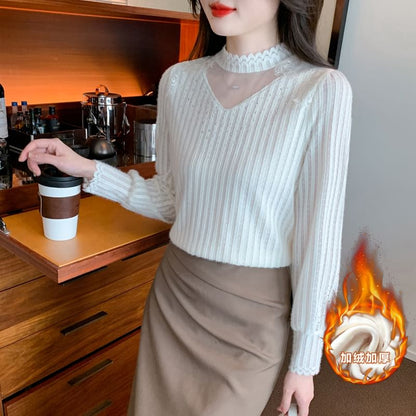 Chic Mock Neck Lace Panel Shirt