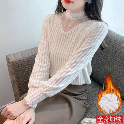 Chic Mock Neck Lace Panel Shirt