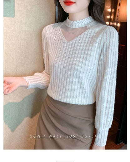 Chic Mock Neck Lace Panel Shirt