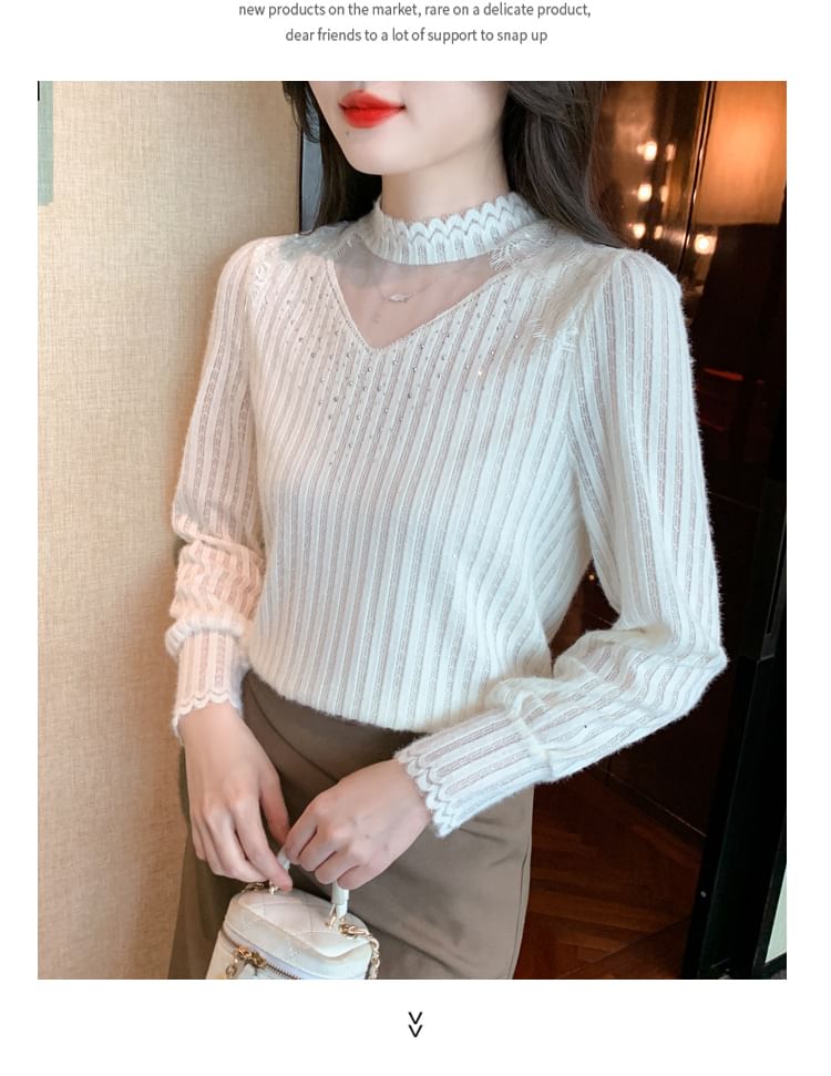Chic Mock Neck Lace Panel Shirt