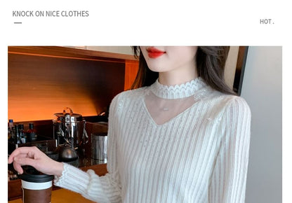 Chic Mock Neck Lace Panel Shirt