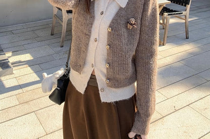 Collared Cardigan and Maxi Skirt Set with Mock Two Piece