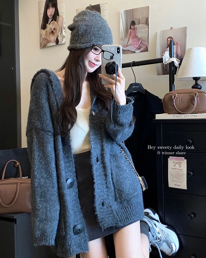 Hooded Button-Front Plain Cardigan