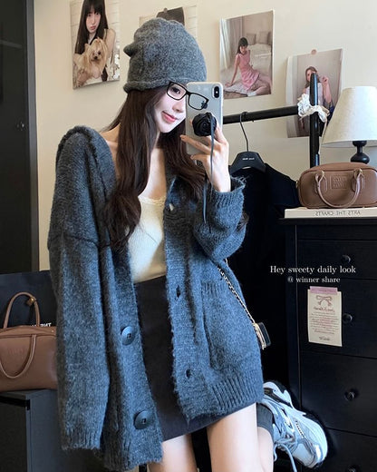 Hooded Button-Front Plain Cardigan