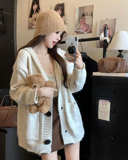 Hooded Button-Front Plain Cardigan