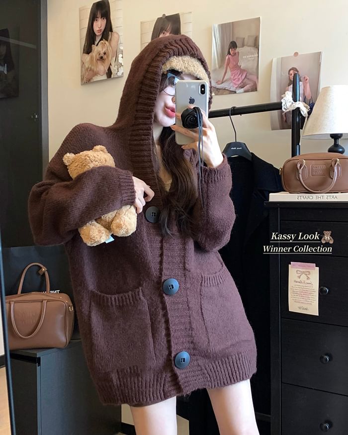 Hooded Button-Front Plain Cardigan