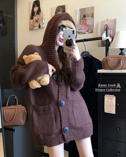 Hooded Button-Front Plain Cardigan