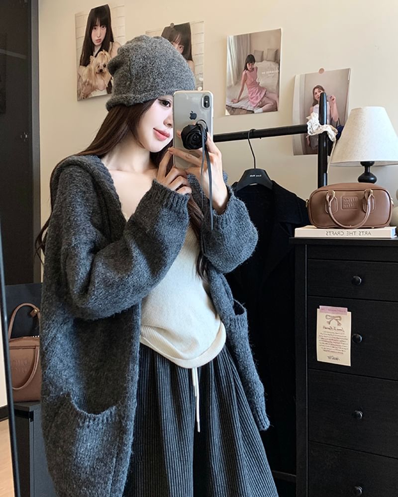 Hooded Button-Front Plain Cardigan