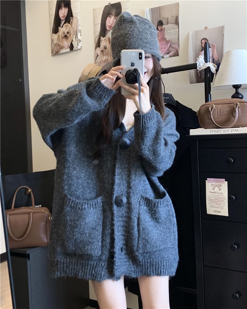Hooded Button-Front Plain Cardigan