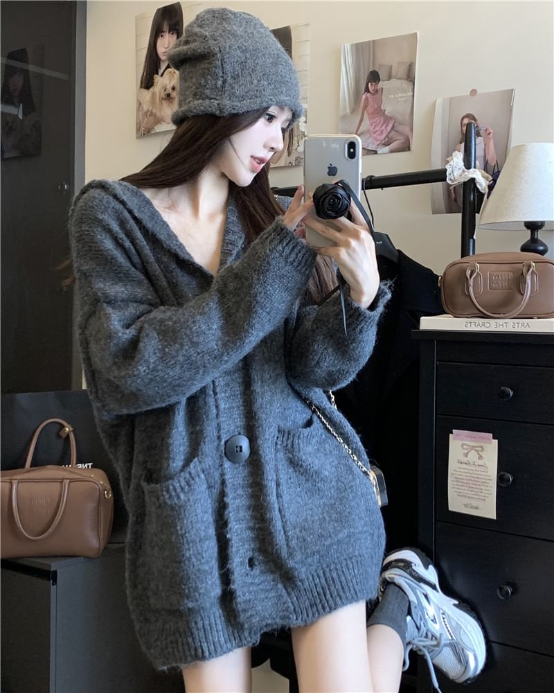 Hooded Button-Front Plain Cardigan