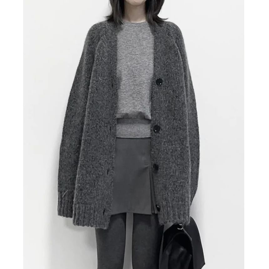 V-Neck Plain Button Oversized Cardigan
