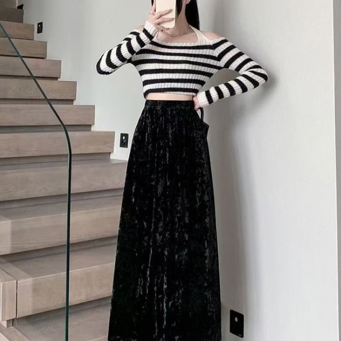 Plain Velvet Maxi A-Line Skirt with Elastic Waist