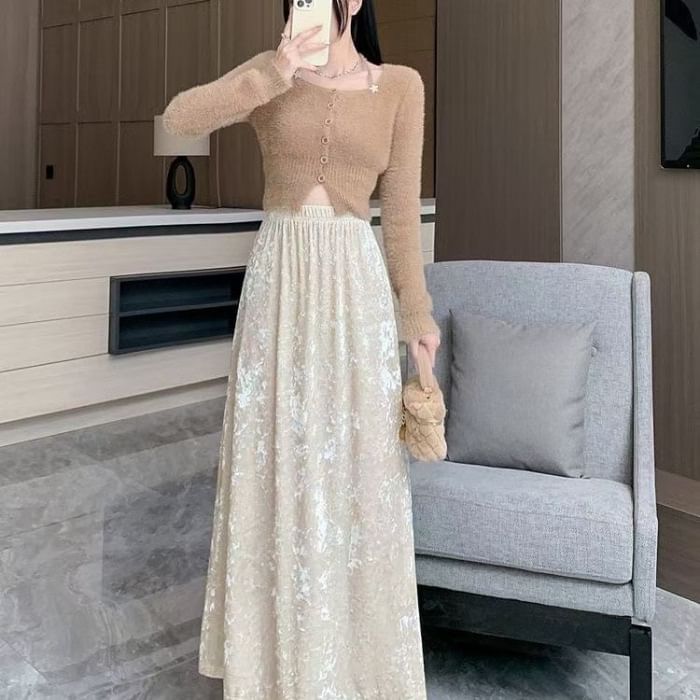 Plain Velvet Maxi A-Line Skirt with Elastic Waist