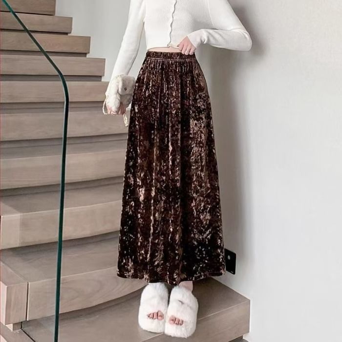 Plain Velvet Maxi A-Line Skirt with Elastic Waist
