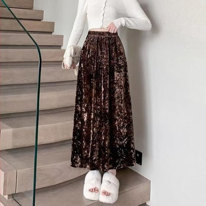Plain Velvet Maxi A-Line Skirt with Elastic Waist