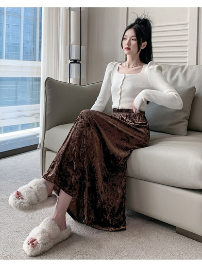 Plain Velvet Maxi A-Line Skirt with Elastic Waist