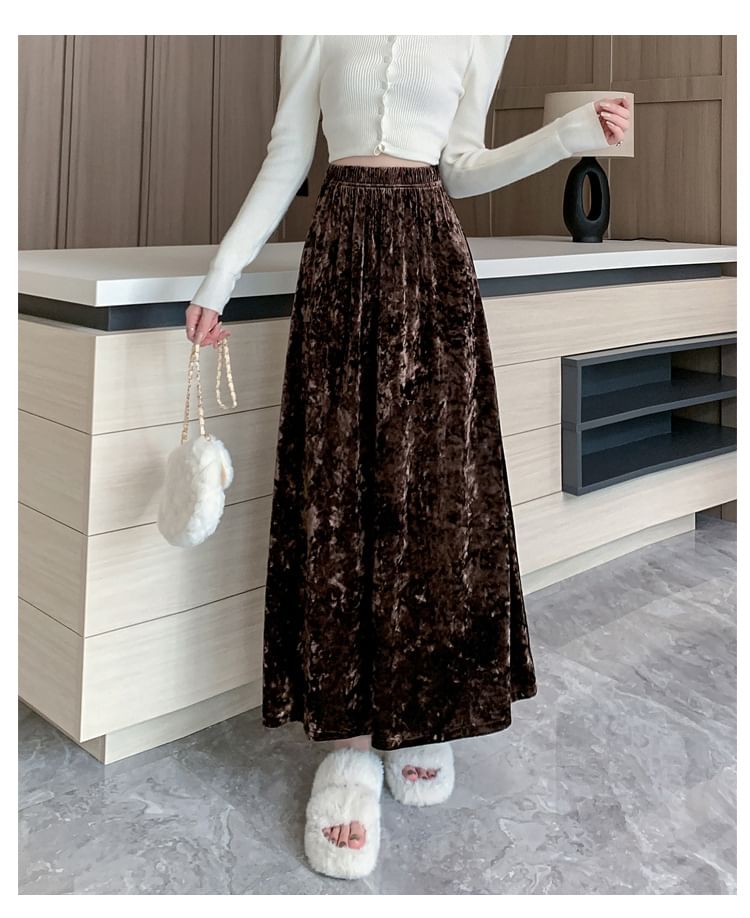 Plain Velvet Maxi A-Line Skirt with Elastic Waist