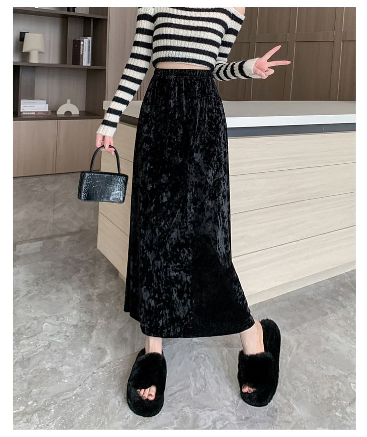 Plain Velvet Maxi A-Line Skirt with Elastic Waist