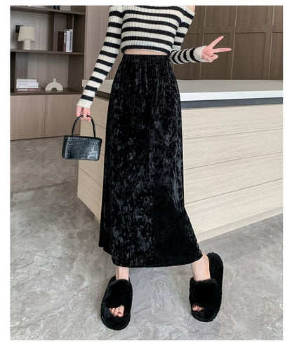 Plain Velvet Maxi A-Line Skirt with Elastic Waist