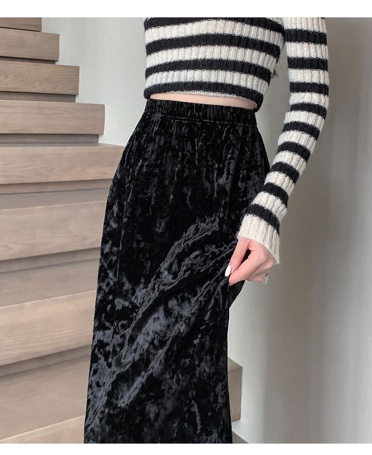 Plain Velvet Maxi A-Line Skirt with Elastic Waist
