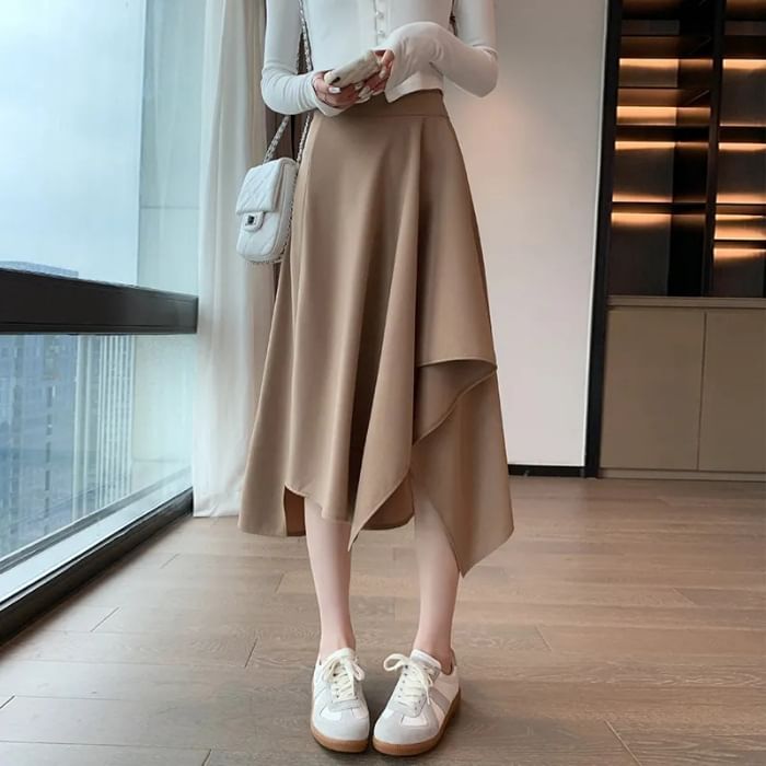 Asymmetric Plain Midi Skirt with High Waist