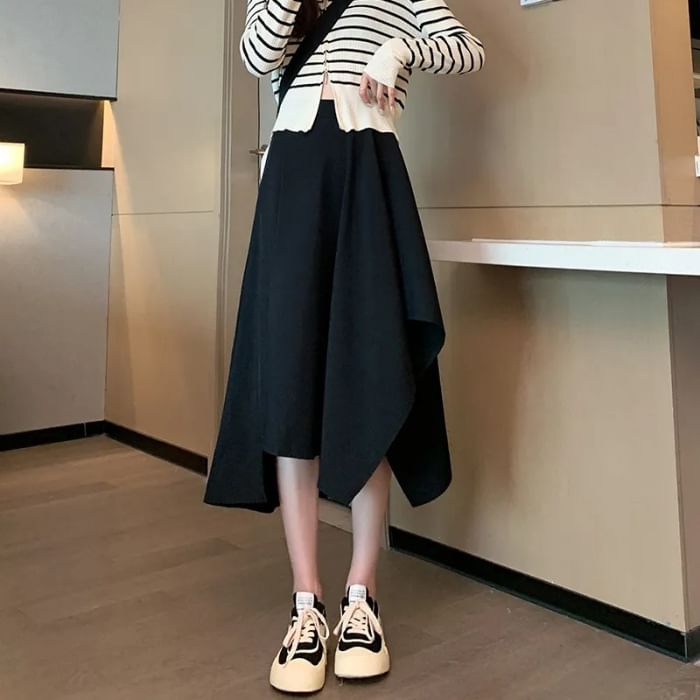 Asymmetric Plain Midi Skirt with High Waist