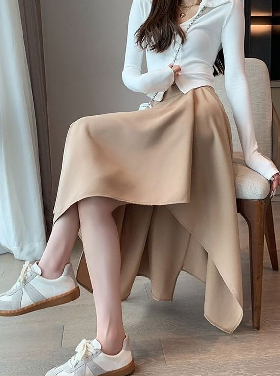Asymmetric Plain Midi Skirt with High Waist