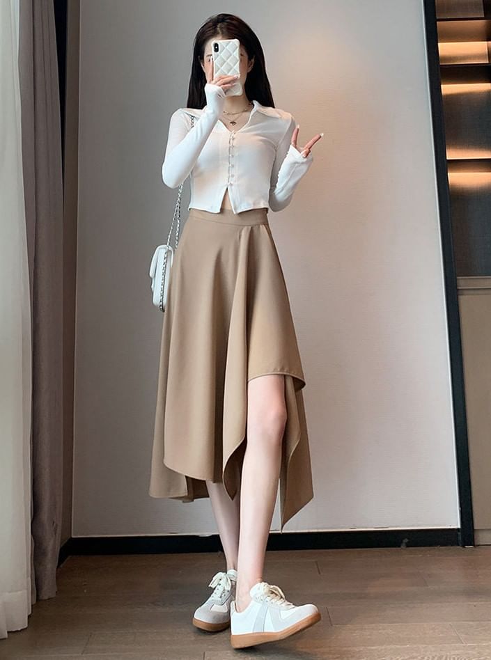 Asymmetric Plain Midi Skirt with High Waist