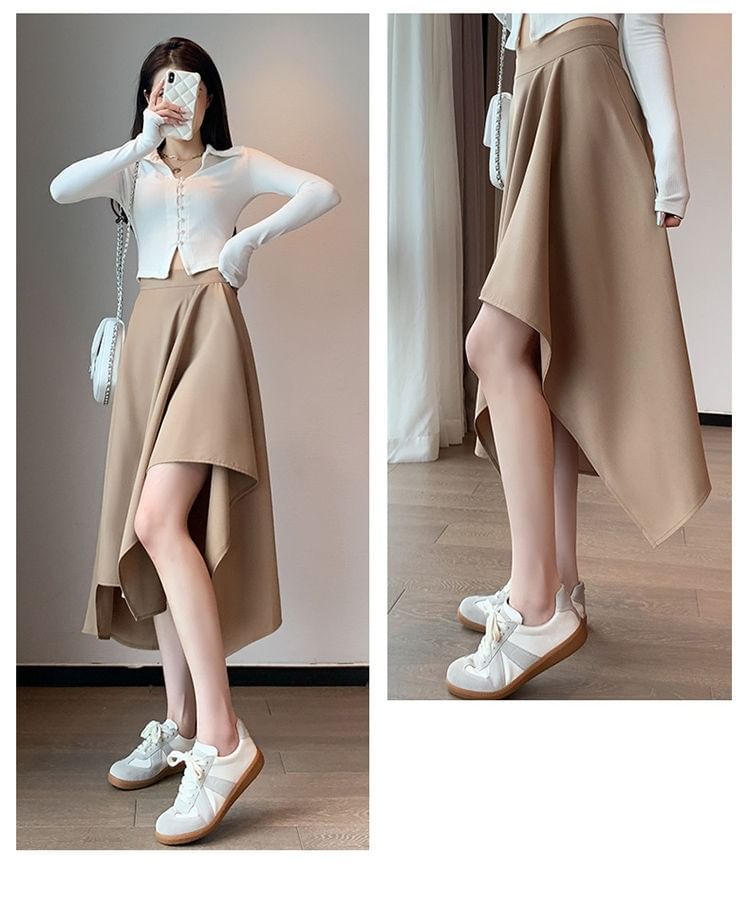 Asymmetric Plain Midi Skirt with High Waist