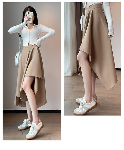 Asymmetric Plain Midi Skirt with High Waist