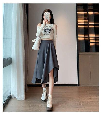 Asymmetric Plain Midi Skirt with High Waist