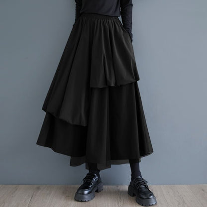 Panel Mesh Midi A-Line Skirt with Elastic Waistband
