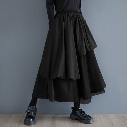 Panel Mesh Midi A-Line Skirt with Elastic Waistband