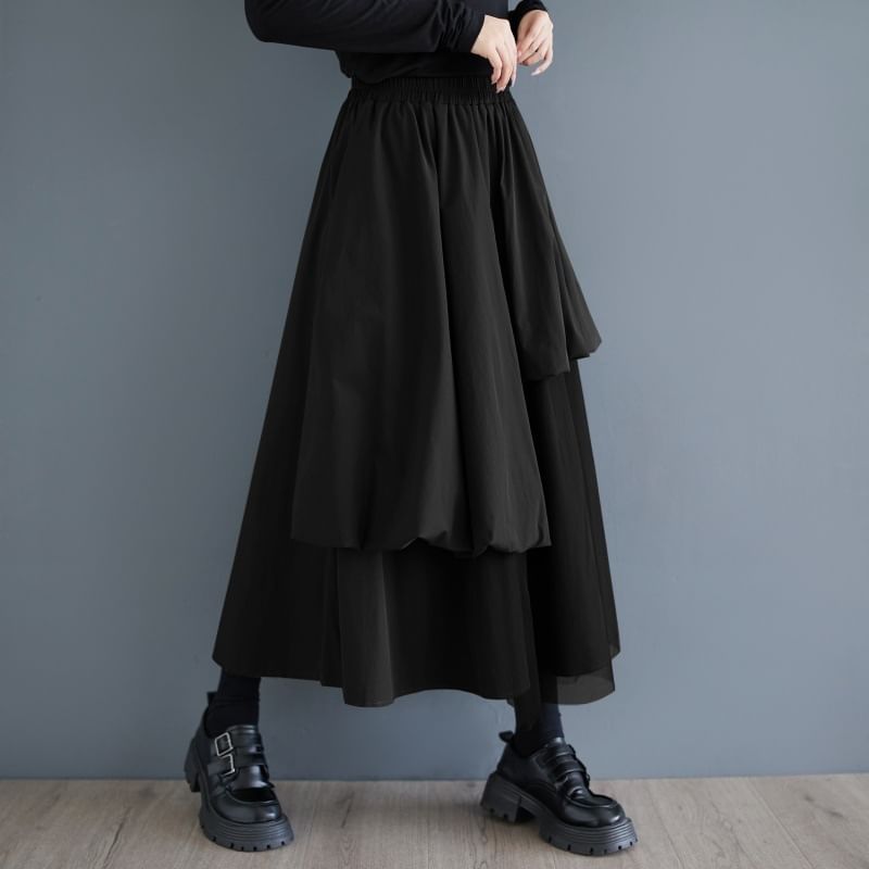 Panel Mesh Midi A-Line Skirt with Elastic Waistband