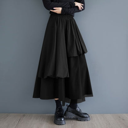 Panel Mesh Midi A-Line Skirt with Elastic Waistband