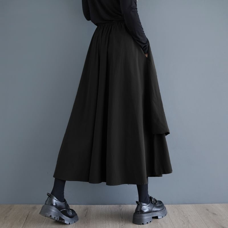 Panel Mesh Midi A-Line Skirt with Elastic Waistband