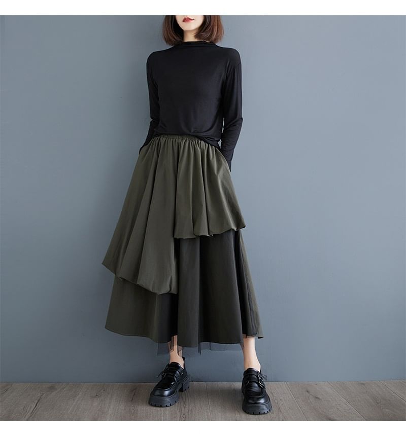 Panel Mesh Midi A-Line Skirt with Elastic Waistband