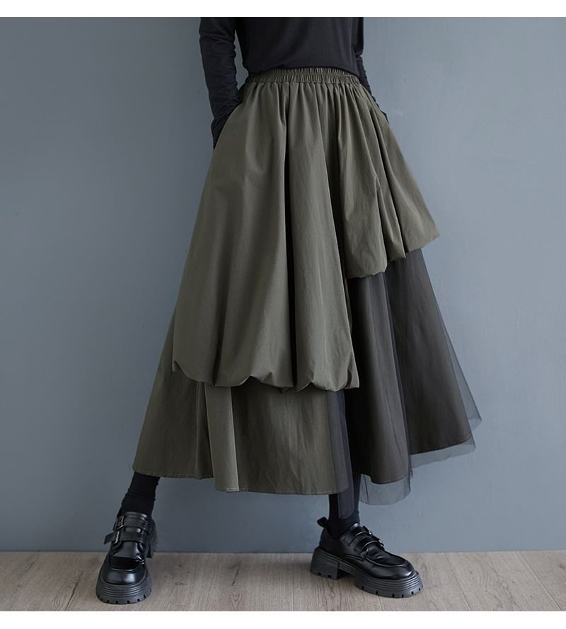 Panel Mesh Midi A-Line Skirt with Elastic Waistband