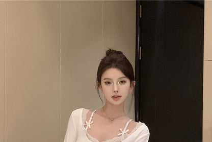 Mock Two-Piece Lace Trim Long-Sleeve Top
