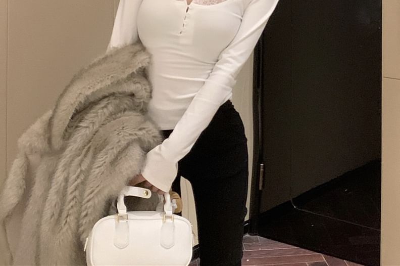 Mock Two-Piece Lace Trim Long-Sleeve Top