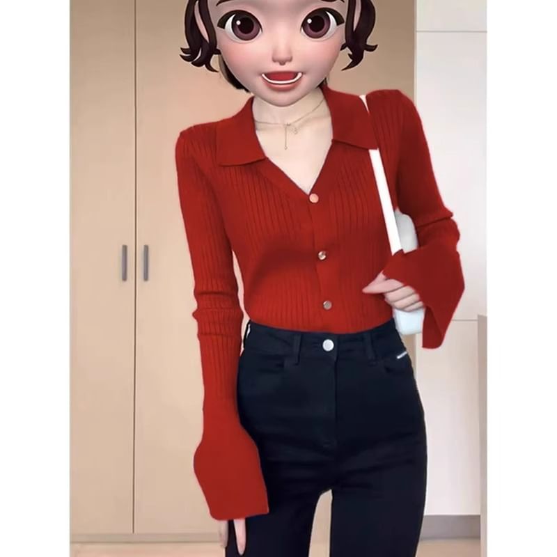 V-Neck Collared Plain Button-Up Cardigan